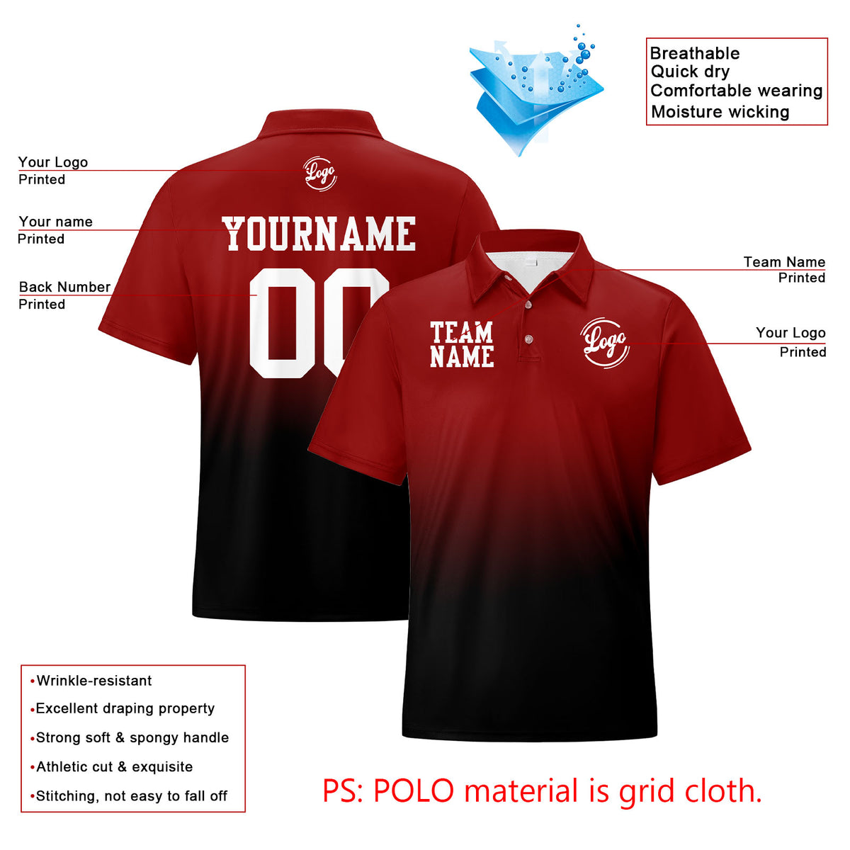 Benutzerdefinierte Burgund Schwarz Fußball Gradient Polo-Shirts Fügen Sie Ihr Einzigartiges hinzu Logo/Name/Nummer