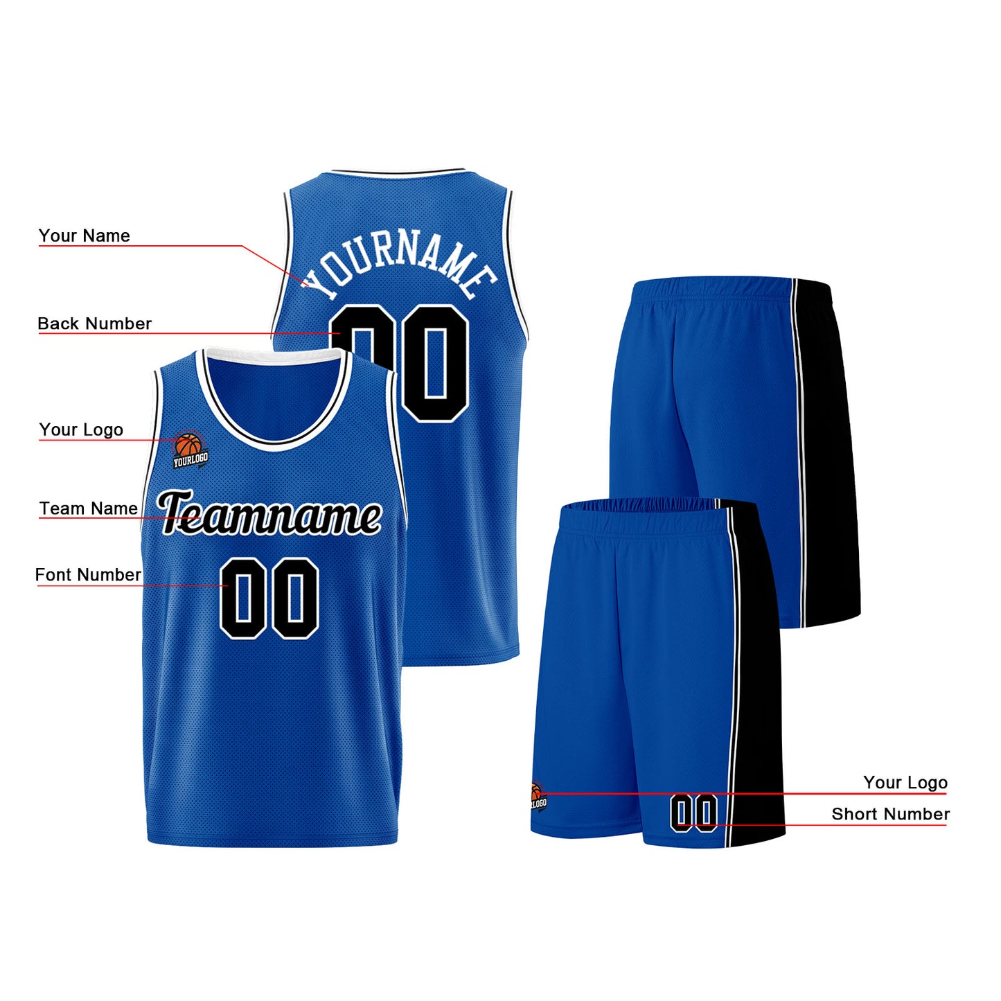 Individuelle Königs-Schwarz Basketball Jersey Shorts für Männer und Frauen Gestickter und gedruckter Name, Nummer und Logo