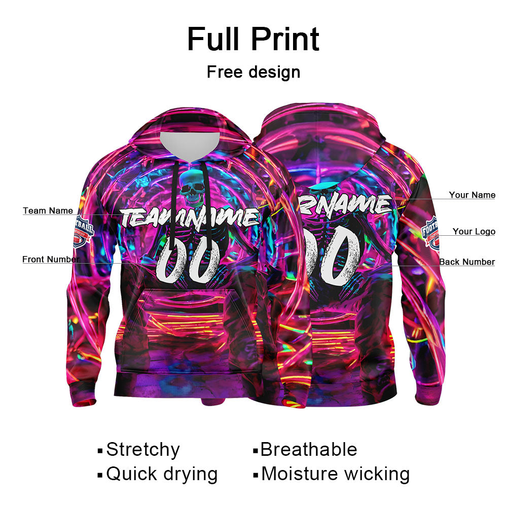 Benutzerdefinierter Sweatshirt-Hoodie für Mann, Frau, Mädchen, Junge. Drucken Sie Ihr Logo, Ihren Namen und Ihre Nummer Neon Skelett