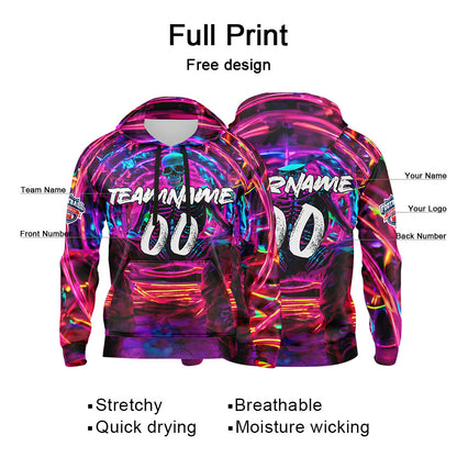 Benutzerdefinierter Sweatshirt-Hoodie für Mann, Frau, Mädchen, Junge. Drucken Sie Ihr Logo, Ihren Namen und Ihre Nummer Neon Skelett