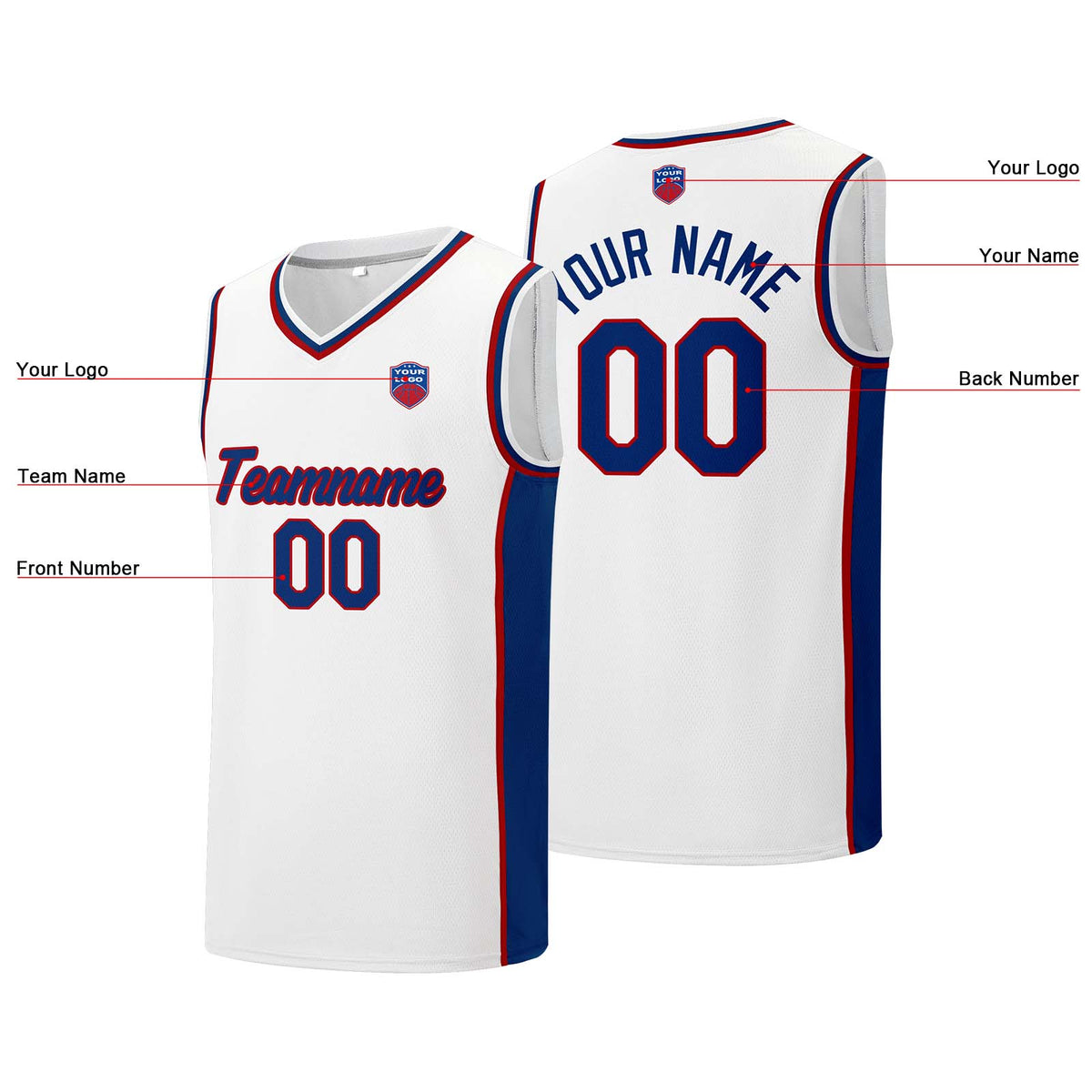 Individuelle Basketball-Jersey-Shorts für Männer und Frauen. Gestickter und gedruckter Name, Nummer und Logo Weiß