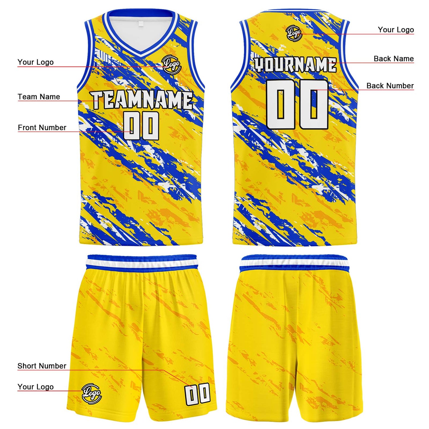 Benutzerdefinierter Gelb Blau Basketball Jersey Uniform Anzug gedruckt Ihr Logo Name Nummer
