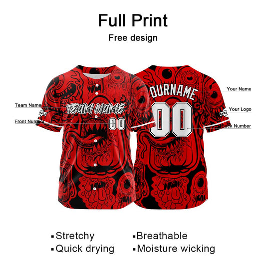 Benutzerdefinierte Baseball Jersey Personalisierte Baseball Shirt genäht und Druck Monster-Rot