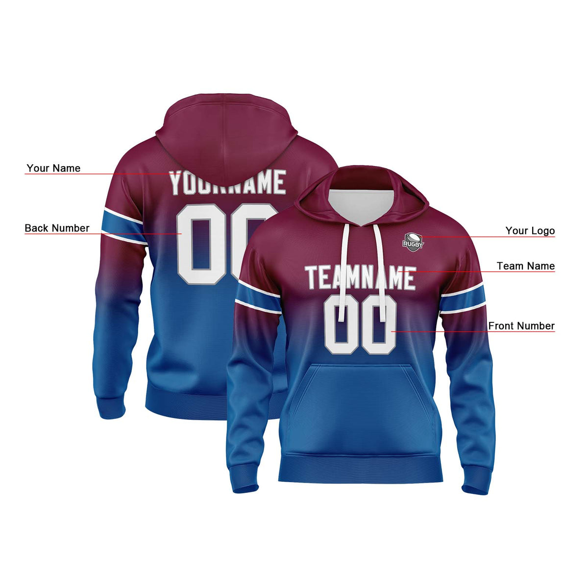 Benutzerdefinierter Verlauf Sweatshirt-Hoodie für Mann, Frau, Mädchen, Junge. Drucken Sie Ihr Logo, Ihren Namen und Ihre Nummer ﻿