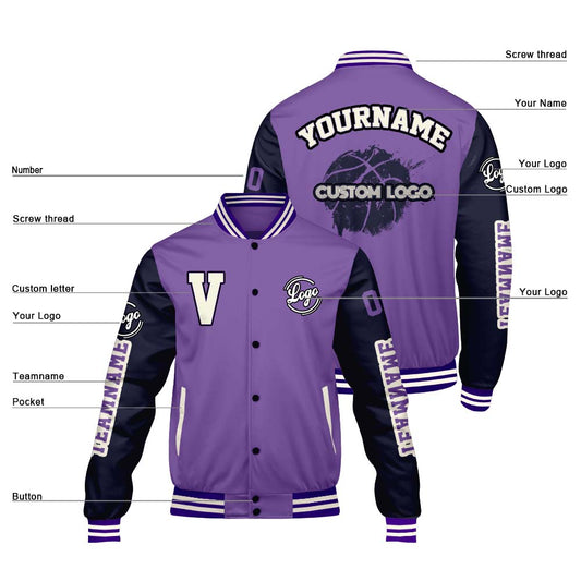 Maßgeschneiderte Lila Marine Letterman Varsity Jacket Individuelle Stickerei Druck nach Ihrem Wunsch