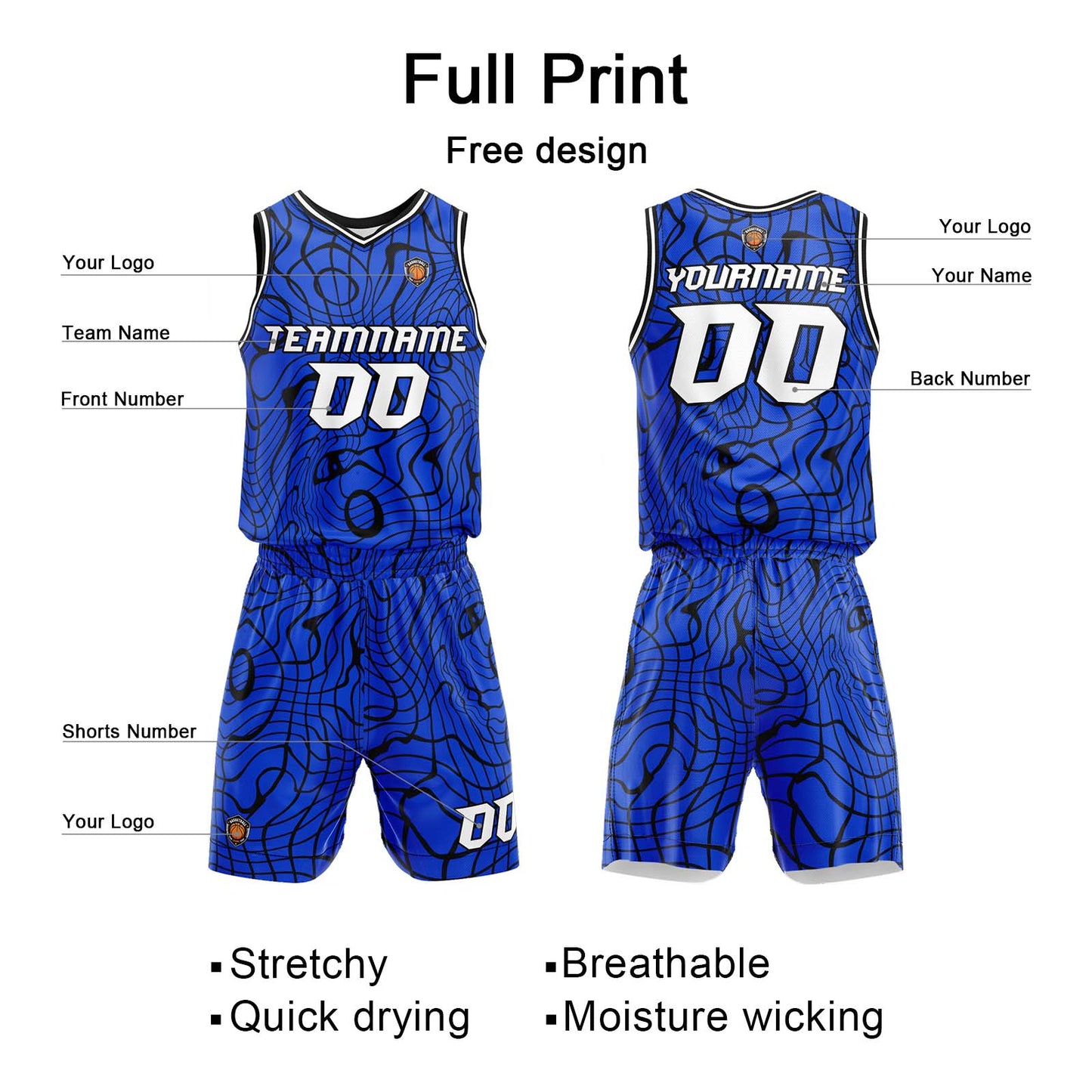 Benutzerdefinierter Blau Basketball Jersey Uniform Anzug gedruckt Ihr Logo Name Nummer