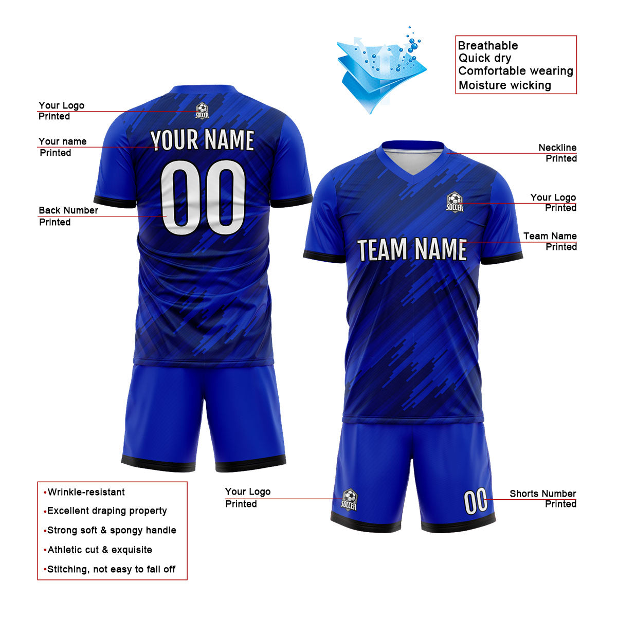 Benutzerdefinierte Royal Fußball Trikots für Männer Frauen Personalisierte Fußball Uniformen für Erwachsene und Kind