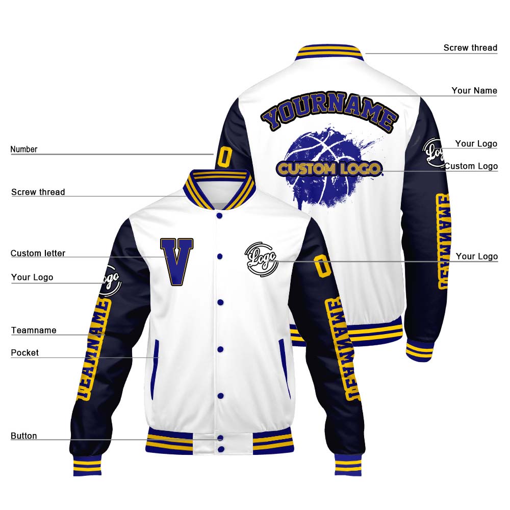 Maßgeschneiderte Weiß Marine Letterman Varsity Jacket Individuelle Stickerei Druck nach Ihrem Wunsch