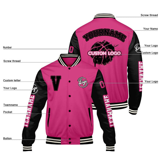 Maßgeschneiderte Rosa Schwarz Letterman Varsity Jacket Individuelle Stickerei Druck nach Ihrem Wunsch