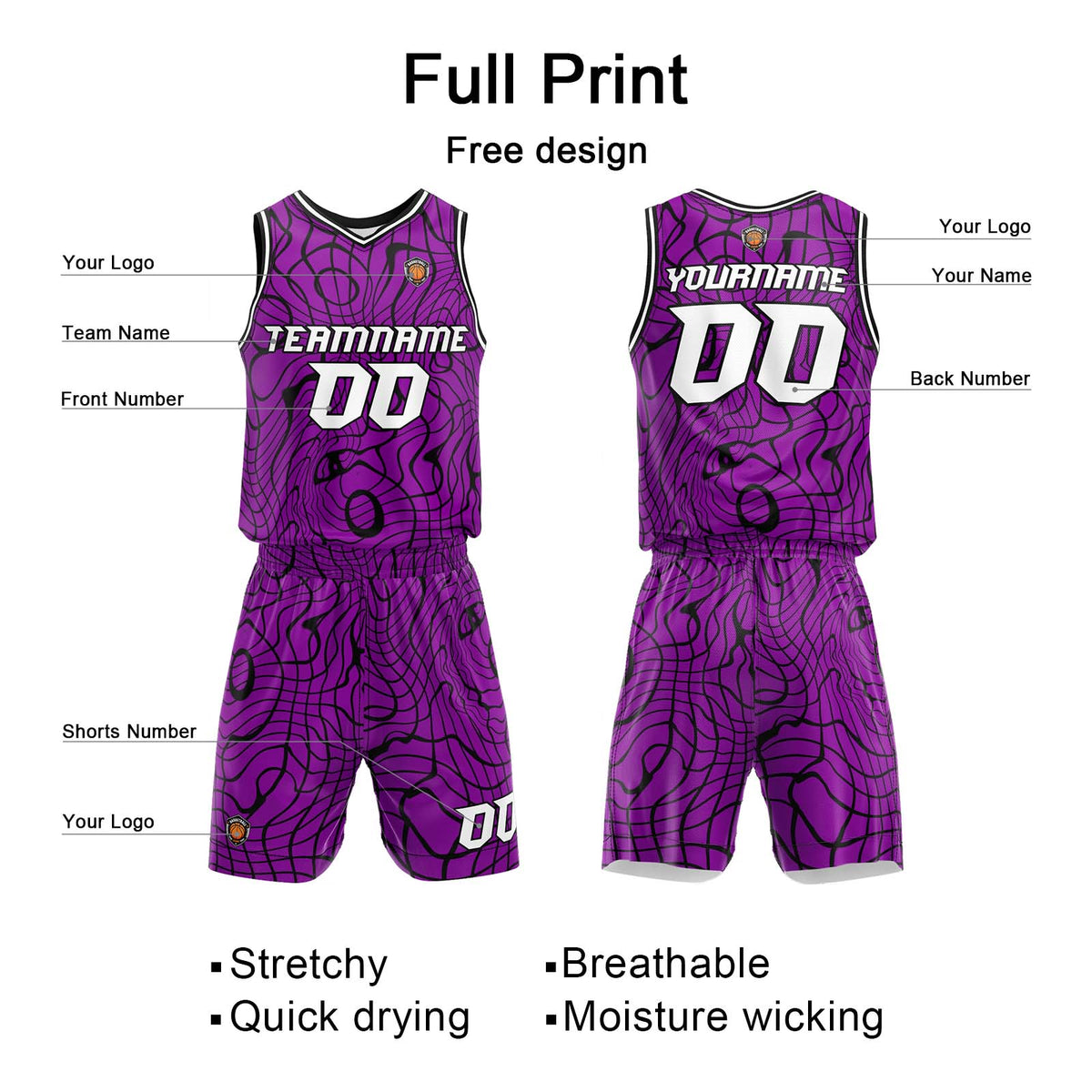 Benutzerdefinierter Lila Basketball Jersey Uniform Anzug gedruckt Ihr Logo Name Nummer