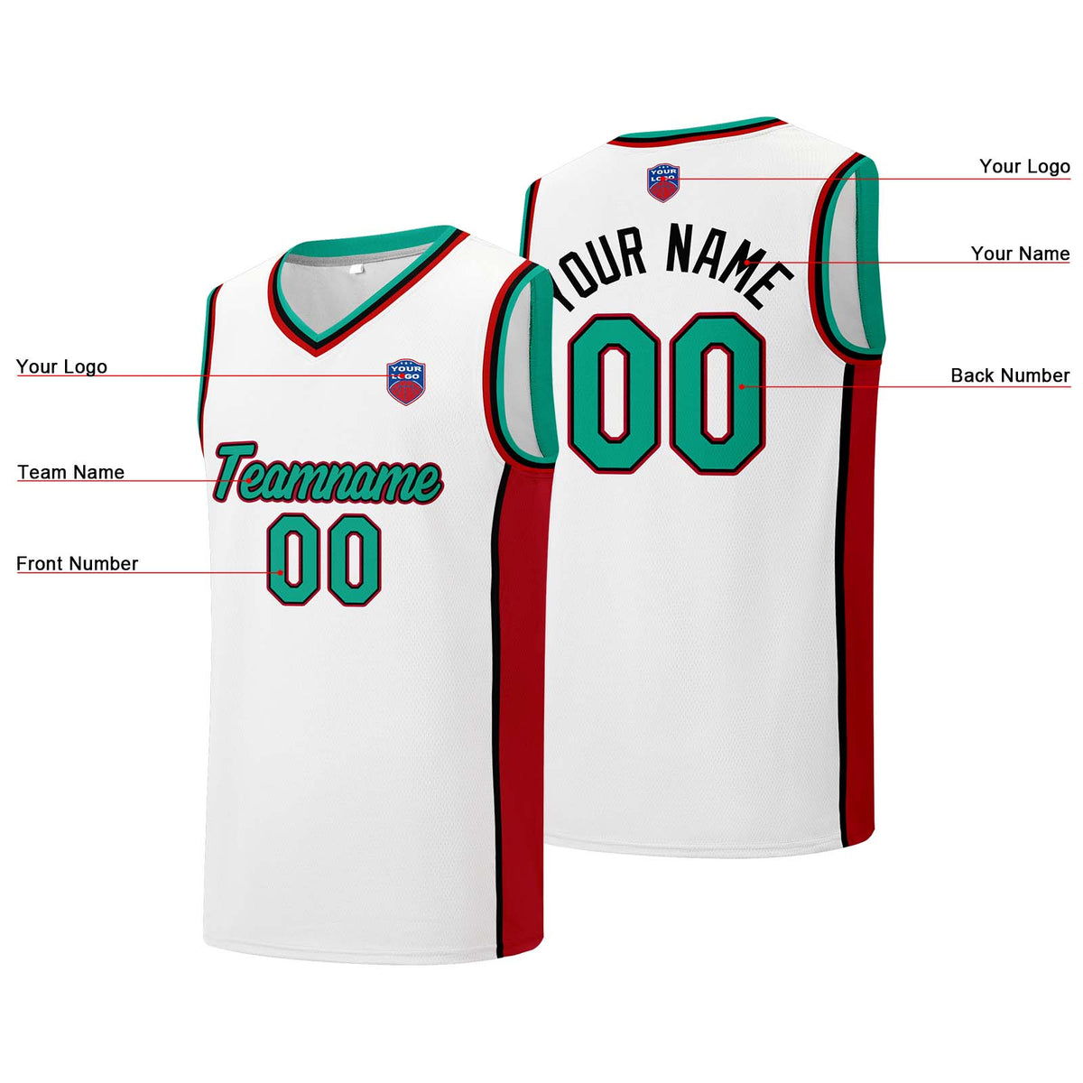 Individuelle Basketball-Jersey-Shorts für Männer und Frauen. Gestickter und gedruckter Name, Nummer und Logo Weiß&Rot&Grün
