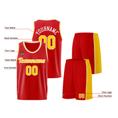 Individuelle Rot Gelb Basketball Jersey Shorts für Männer und Frauen Gestickter und gedruckter Name, Nummer und Logo