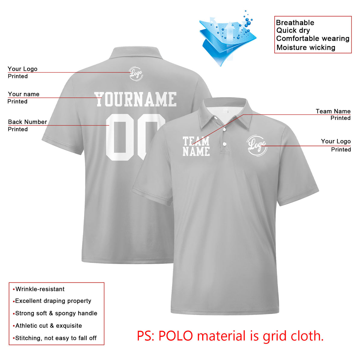 Benutzerdefinierte Hellgrau Weiß Fußball Polo-Shirts Fügen Sie Ihr Einzigartiges hinzu Logo/Name/Nummer