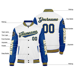Maßgeschneiderte Königliche Weiß Gelb Letterman Varsity Jacket Individuelle Stickerei Druck nach Ihrem Wunsch
