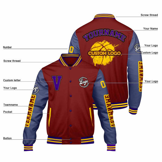 Maßgeschneiderte Klaret Lila Letterman Varsity Jacket Individuelle Stickerei Druck nach Ihrem Wunsch