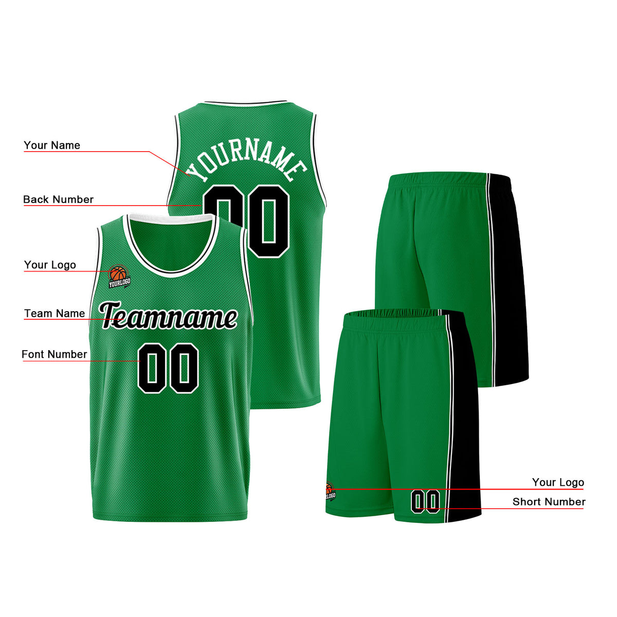 Individuelle Kellygrün Schwarz Basketball Jersey Shorts für Männer und Frauen Gestickter und gedruckter Name, Nummer und Logo