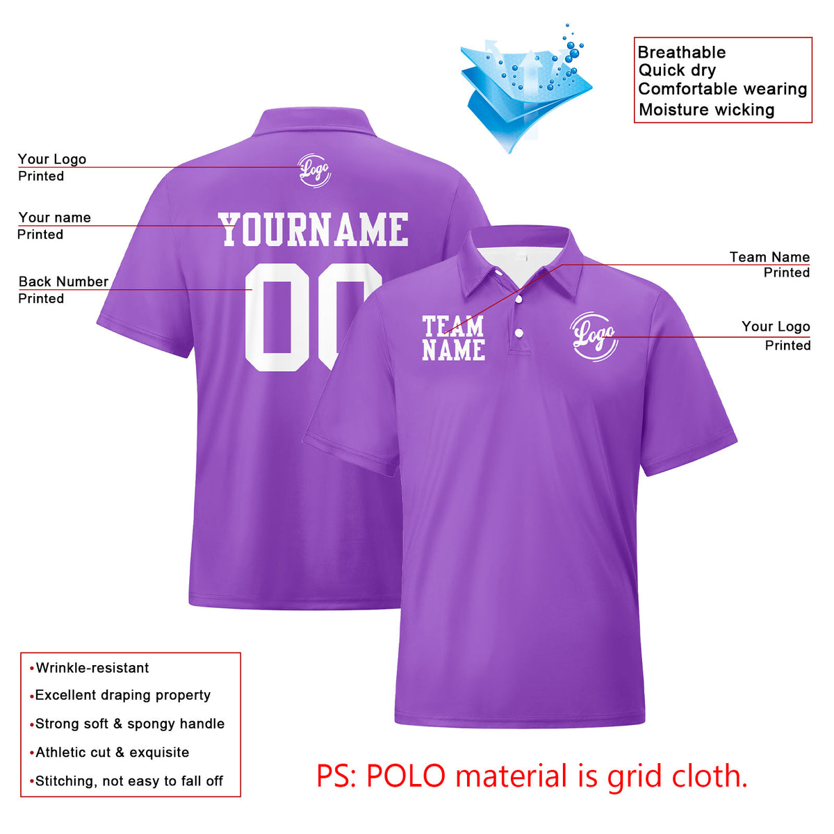 Benutzerdefinierte Lila Weiß Fußball Polo-Shirts Fügen Sie Ihr Einzigartiges hinzu Logo/Name/Nummer