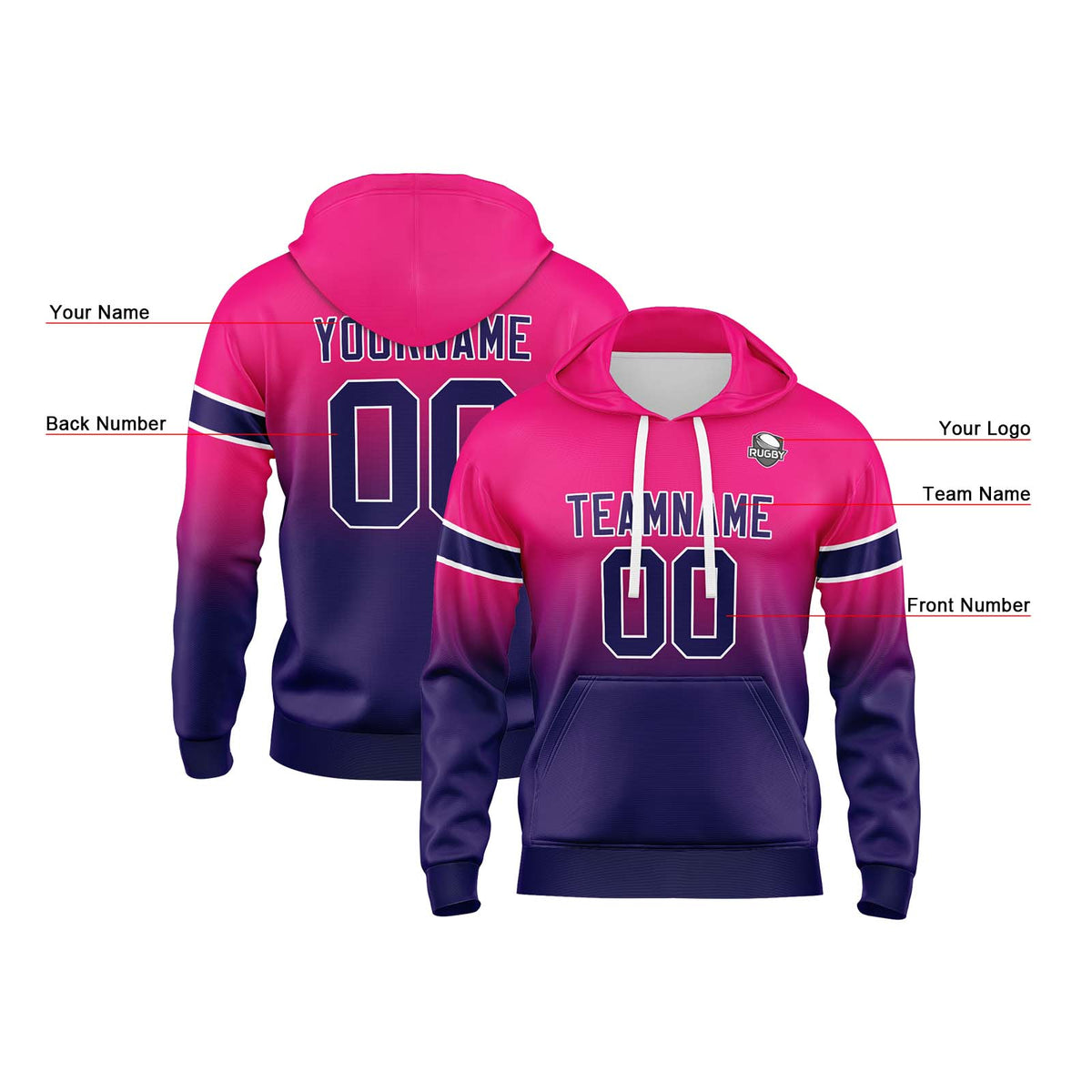 Benutzerdefinierter Verlauf Sweatshirt-Hoodie für Mann, Frau, Mädchen, Junge. Drucken Sie Ihr Logo, Ihren Namen und Ihre Nummer