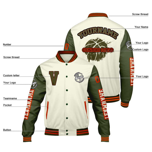 Maßgeschneiderte Creme Olivengrün Letterman Varsity Jacket Individuelle Stickerei Druck nach Ihrem Wunsch
