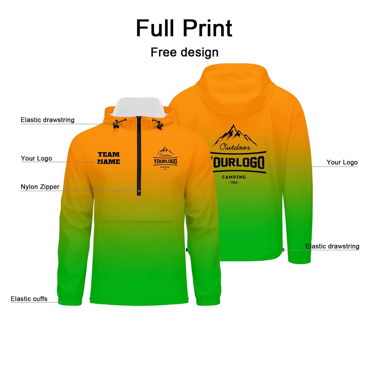 Anpassbare Orange Grün Winddichte Softshell Kapuzenjacke - Vollverschluss, Logo- & Text-Druck