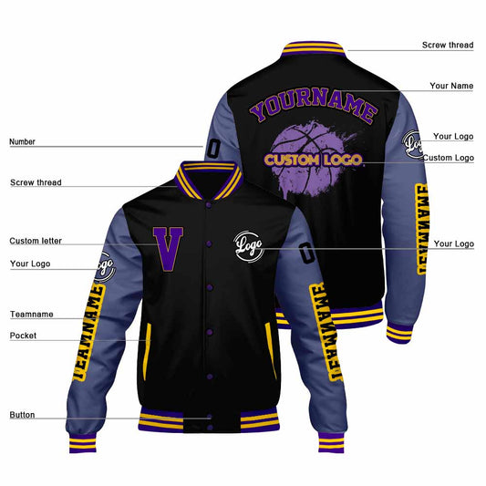Maßgeschneiderte Schwarzes Lila Letterman Varsity Jacket Individuelle Stickerei Druck nach Ihrem Wunsch