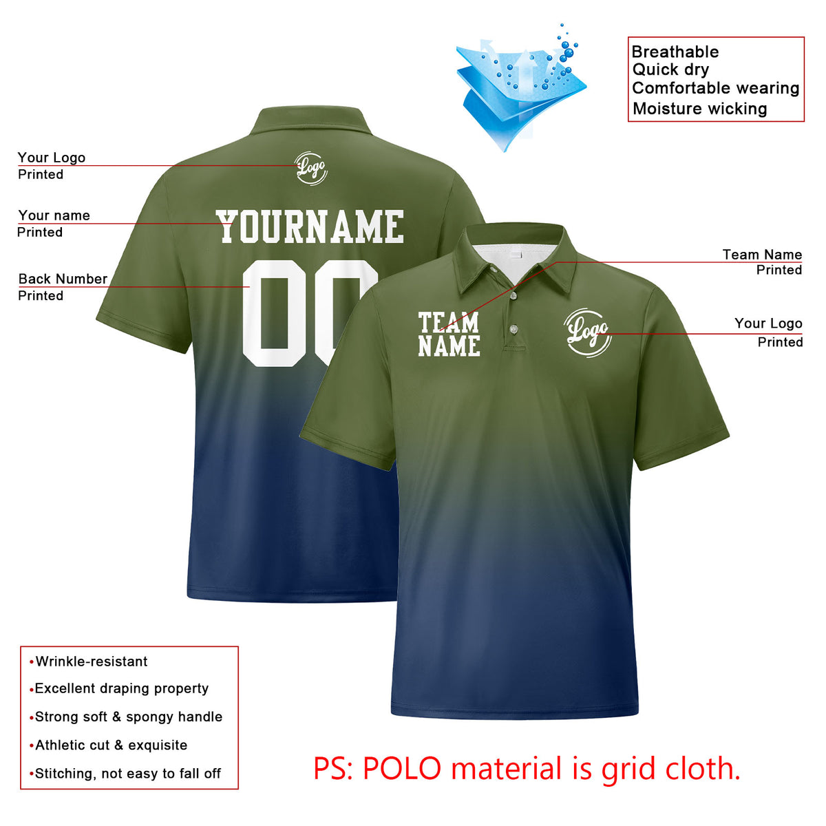 Benutzerdefinierte Armee Grün Marine Fußball Gradient Polo-Shirts Fügen Sie Ihr Einzigartiges hinzu Logo/Name/Nummer