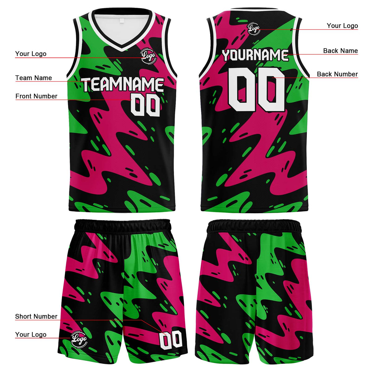 Benutzerdefinierte Schwarz Rose Grün Reversible Basketball Jersey Personalisierte Print Name Nummer Logo