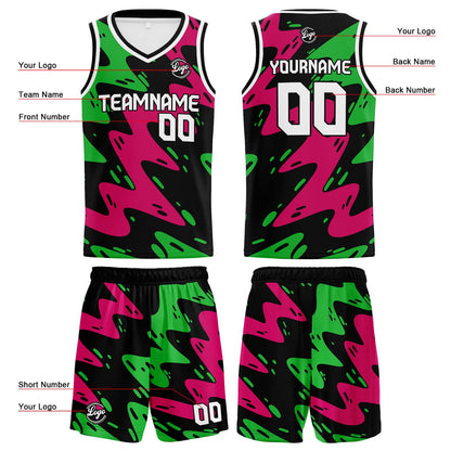 Benutzerdefinierte Schwarz Rose Grün Reversible Basketball Jersey Personalisierte Print Name Nummer Logo