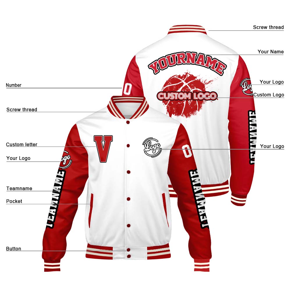 Maßgeschneiderte Weiß Rot Letterman Varsity Jacket Individuelle Stickerei Druck nach Ihrem Wunsch