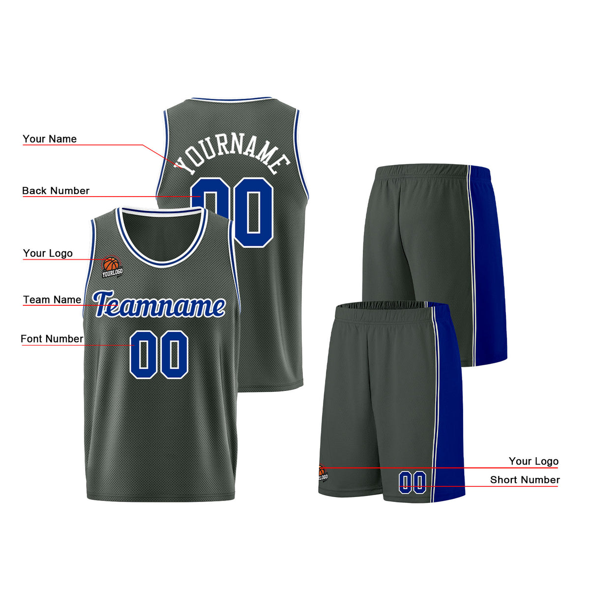 Individuelle Dunkelgrau-Königliche Basketball Jersey Shorts für Männer und Frauen Gestickter und gedruckter Name, Nummer und Logo