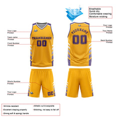 Benutzerdefinierter Gelb Lila Basketball Jersey Uniform Anzug gedruckt Ihr Logo Name Nummer