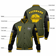 Maßgeschneiderte Olivengrün Schwarz Letterman Varsity Jacket Individuelle Stickerei Druck nach Ihrem Wunsch