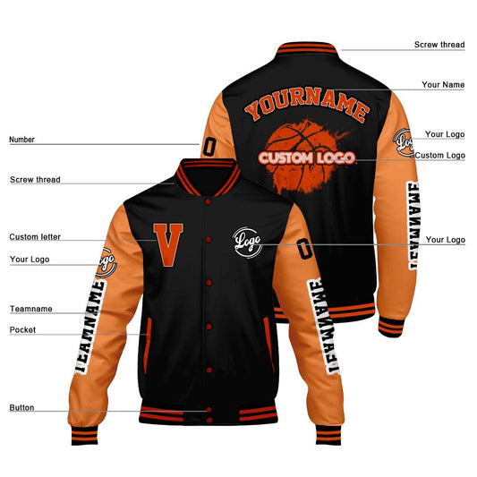Maßgeschneiderte Schwarzes Orange Letterman Varsity Jacket Individuelle Stickerei Druck nach Ihrem Wunsch