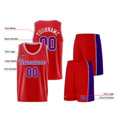 Individuelle Rot Lila Basketball Jersey Shorts für Männer und Frauen Gestickter und gedruckter Name, Nummer und Logo
