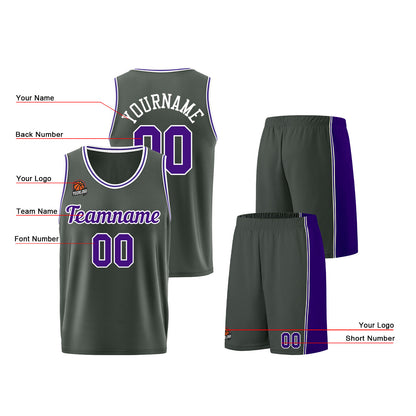 Individuelle Dunkelgrau-Lila Basketball Jersey Shorts für Männer und Frauen Gestickter und gedruckter Name, Nummer und Logo