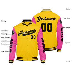 Maßgeschneiderte Gelb Rosa Schwarz Letterman Varsity Jacket Individuelle Stickerei Druck nach Ihrem Wunsch
