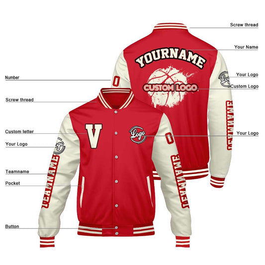 Maßgeschneiderte Rot Creme Letterman Varsity Jacket Individuelle Stickerei Druck nach Ihrem Wunsch