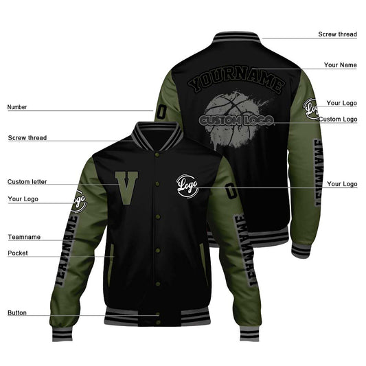 Maßgeschneiderte Schwarz Olivengrün Letterman Varsity Jacket Individuelle Stickerei Druck nach Ihrem Wunsch