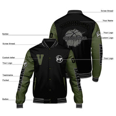 Maßgeschneiderte Schwarz Olivengrün Letterman Varsity Jacket Individuelle Stickerei Druck nach Ihrem Wunsch