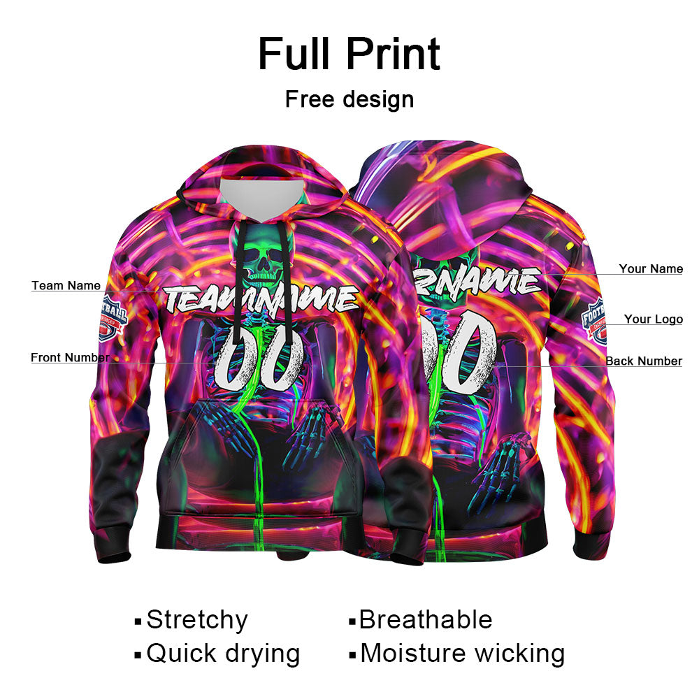 Benutzerdefinierter Sweatshirt-Hoodie für Mann, Frau, Mädchen, Junge. Drucken Sie Ihr Logo, Ihren Namen und Ihre Nummer Neon Skelett