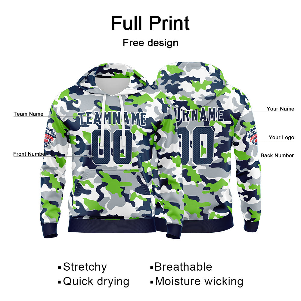 Benutzerdefinierter Sweatshirt-Hoodie für Mann, Frau, Mädchen, Junge. Drucken Sie Ihr Logo, Ihren Namen und Ihre Nummer Neongrün-Marineblau