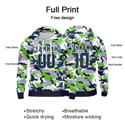 Benutzerdefinierter Sweatshirt-Hoodie für Mann, Frau, Mädchen, Junge. Drucken Sie Ihr Logo, Ihren Namen und Ihre Nummer Neongrün-Marineblau