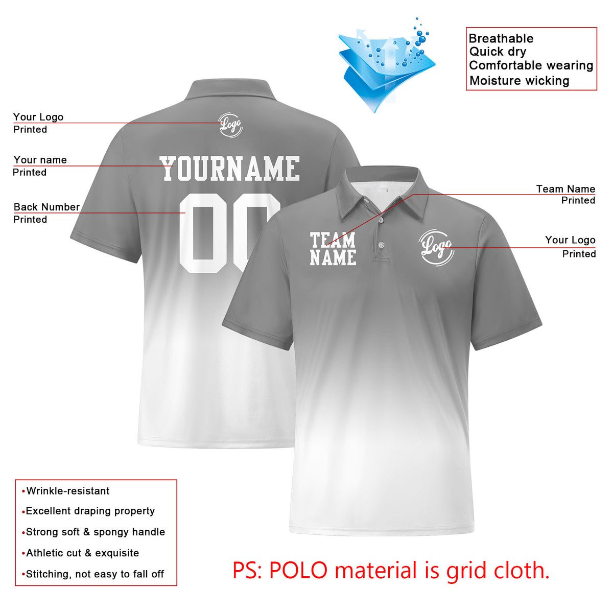 Benutzerdefinierte Grau Weiß Fußball Gradient Polo-Shirts Fügen Sie Ihr Einzigartiges hinzu Logo/Name/Nummer