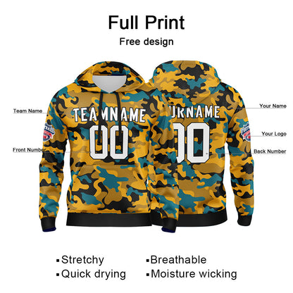Benutzerdefinierter Sweatshirt-Hoodie für Mann, Frau, Mädchen, Junge. Drucken Sie Ihr Logo, Ihren Namen und Ihre Nummer Blaugrün-Gold