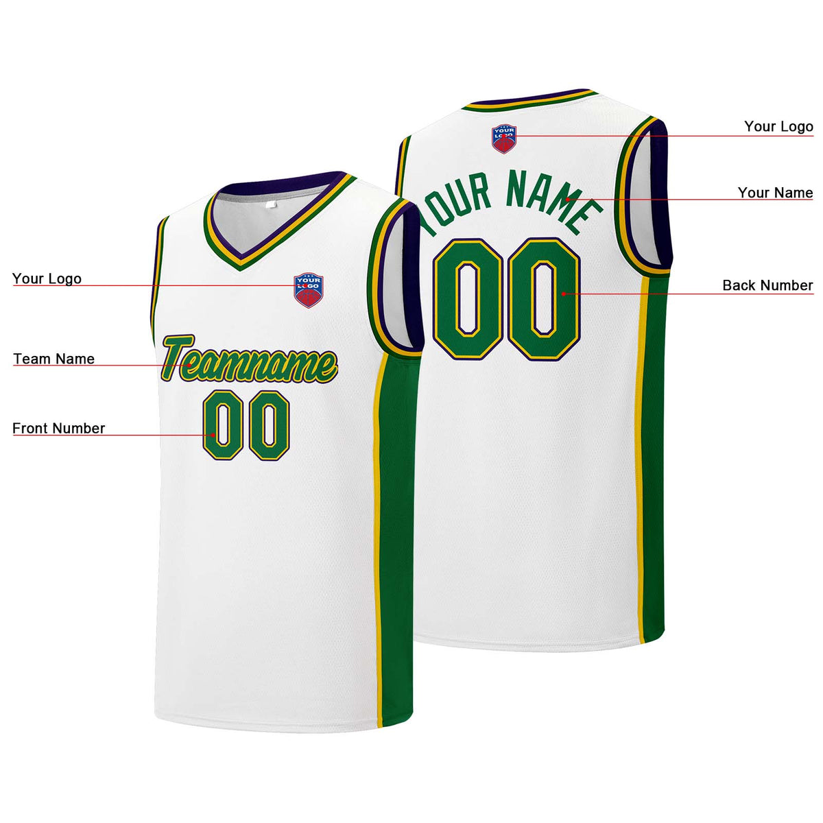 Individuelle Basketball-Jersey-Shorts für Männer und Frauen. Gestickter und gedruckter Name, Nummer und Logo Weiß&Grün&Gelb&Lila