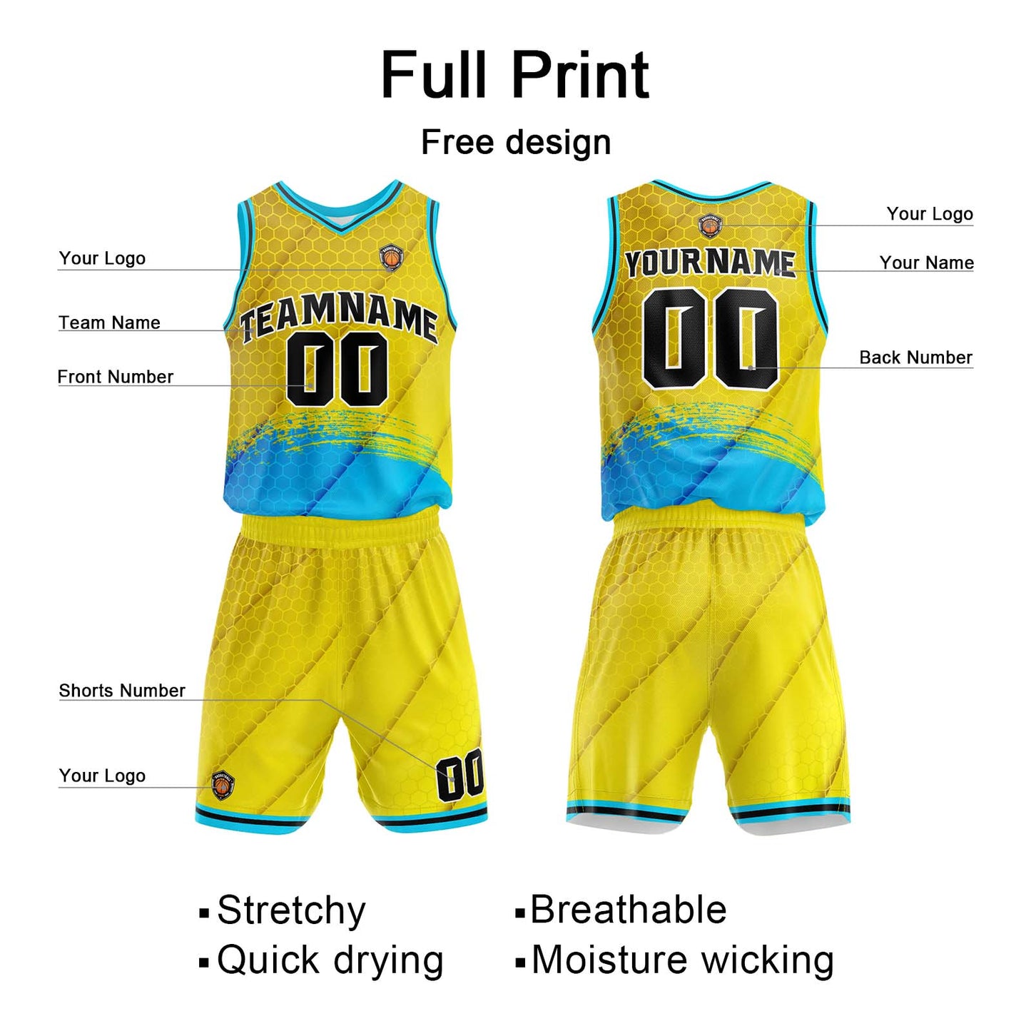 Benutzerdefinierter Gelb Blau Basketball Jersey Uniform Anzug gedruckt Ihr Logo Name Nummer