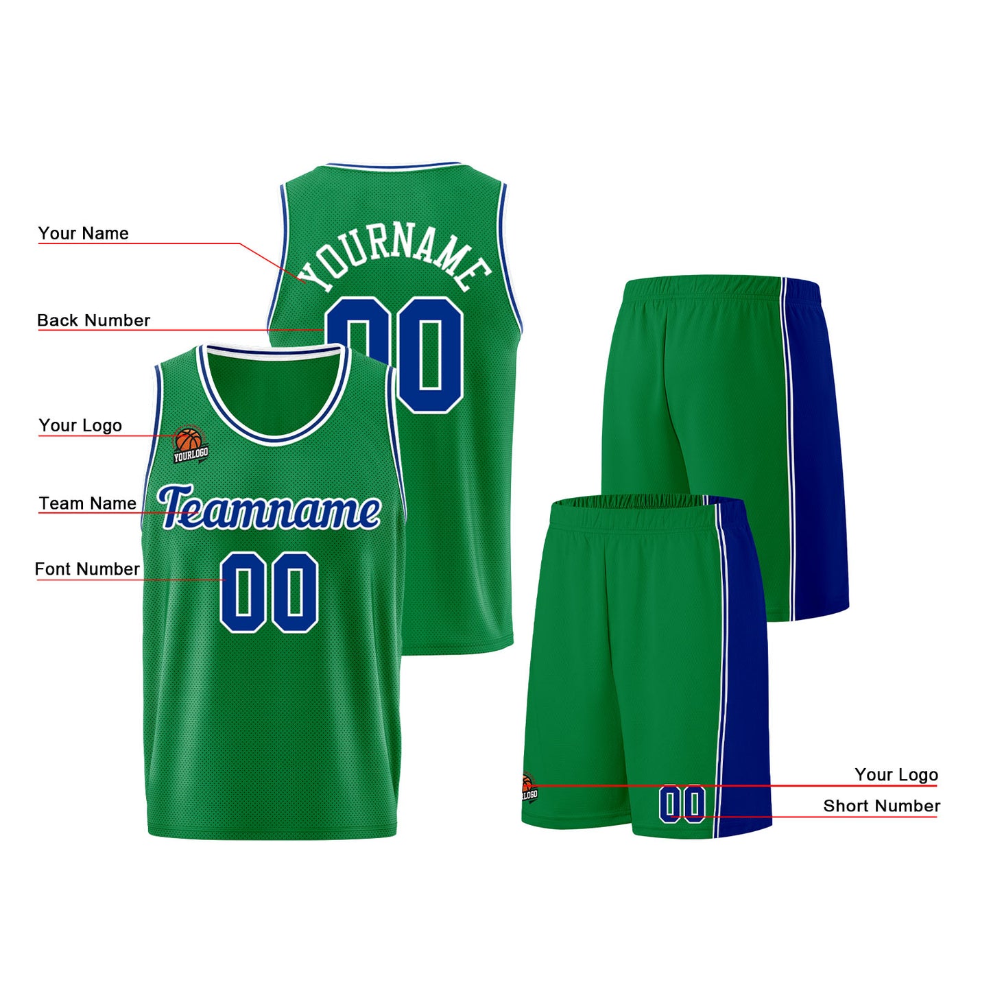 Individuelle Kelly Grün Königlich Basketball Jersey Shorts für Männer und Frauen Gestickter und gedruckter Name, Nummer und Logo