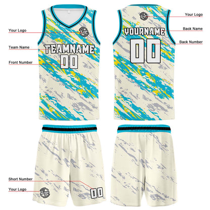 Benutzerdefinierte Creme Hellblau Reversible Basketball Jersey Personalisierte Print Name Nummer Logo