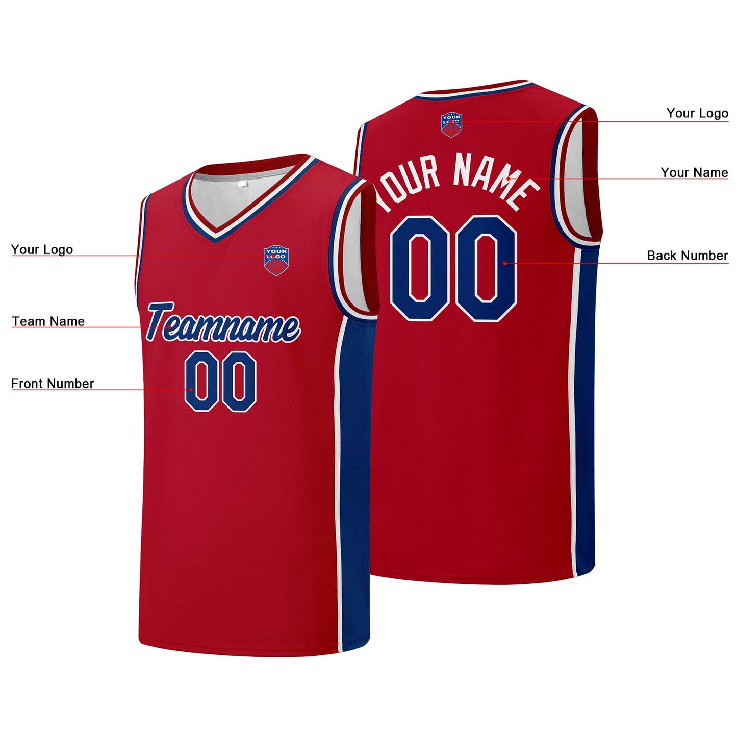 Individuelle Basketball-Jersey-Shorts für Männer und Frauen. Gestickter und gedruckter Name, Nummer und Logo Rot