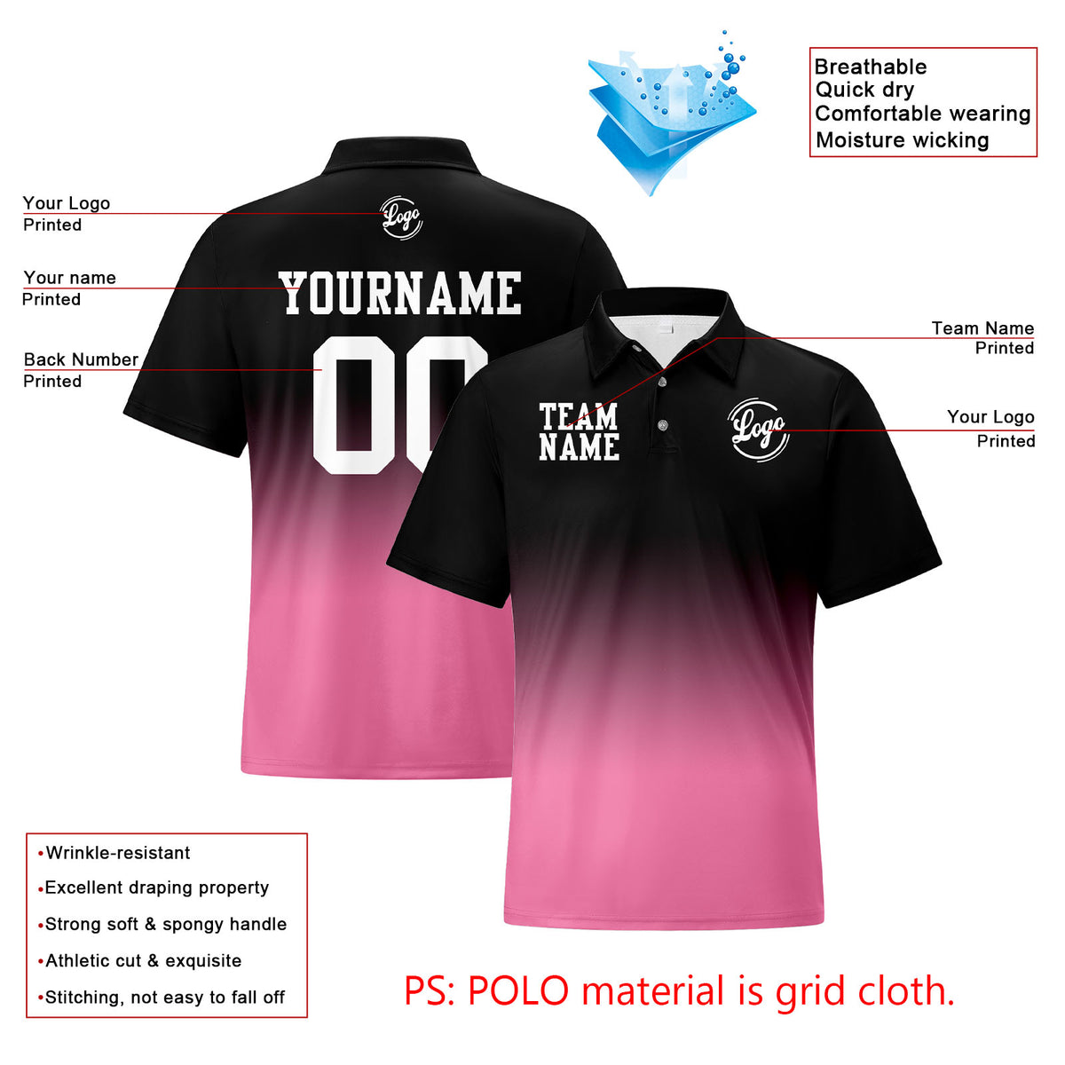 Benutzerdefinierte Schwarz Rosa Fußball Gradient Polo-Shirts Fügen Sie Ihr Einzigartiges hinzu Logo/Name/Nummer